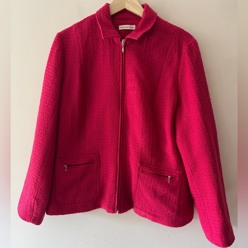 Coldwater Creek Women's Tweed Pink Zip Up Jacket Stylish Suit Blazer Size 16